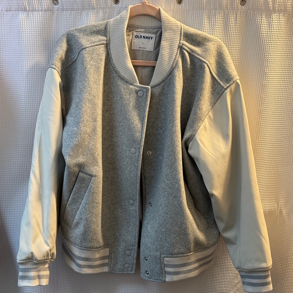 Old Navy Women's Bomber Varsity Jacket in Gray and Cream